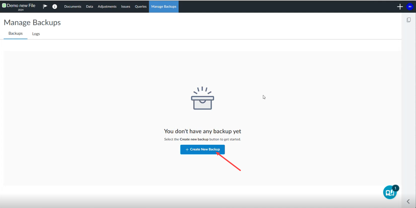The user interface for creating a backup for the first time.