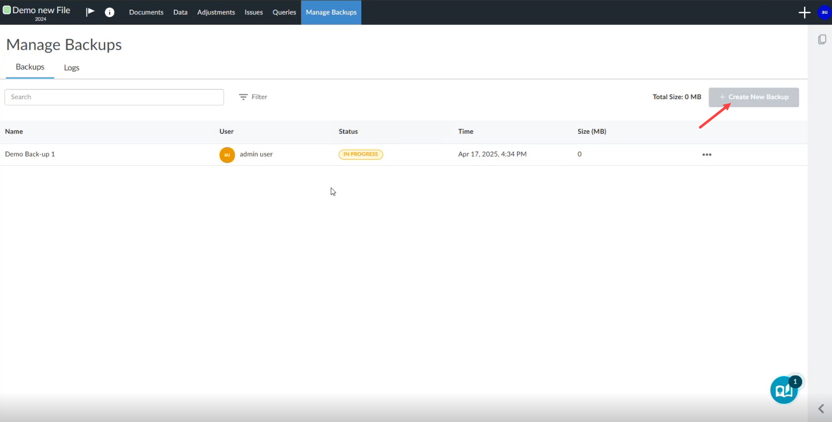 The user interface for creating backups after creating the first one.