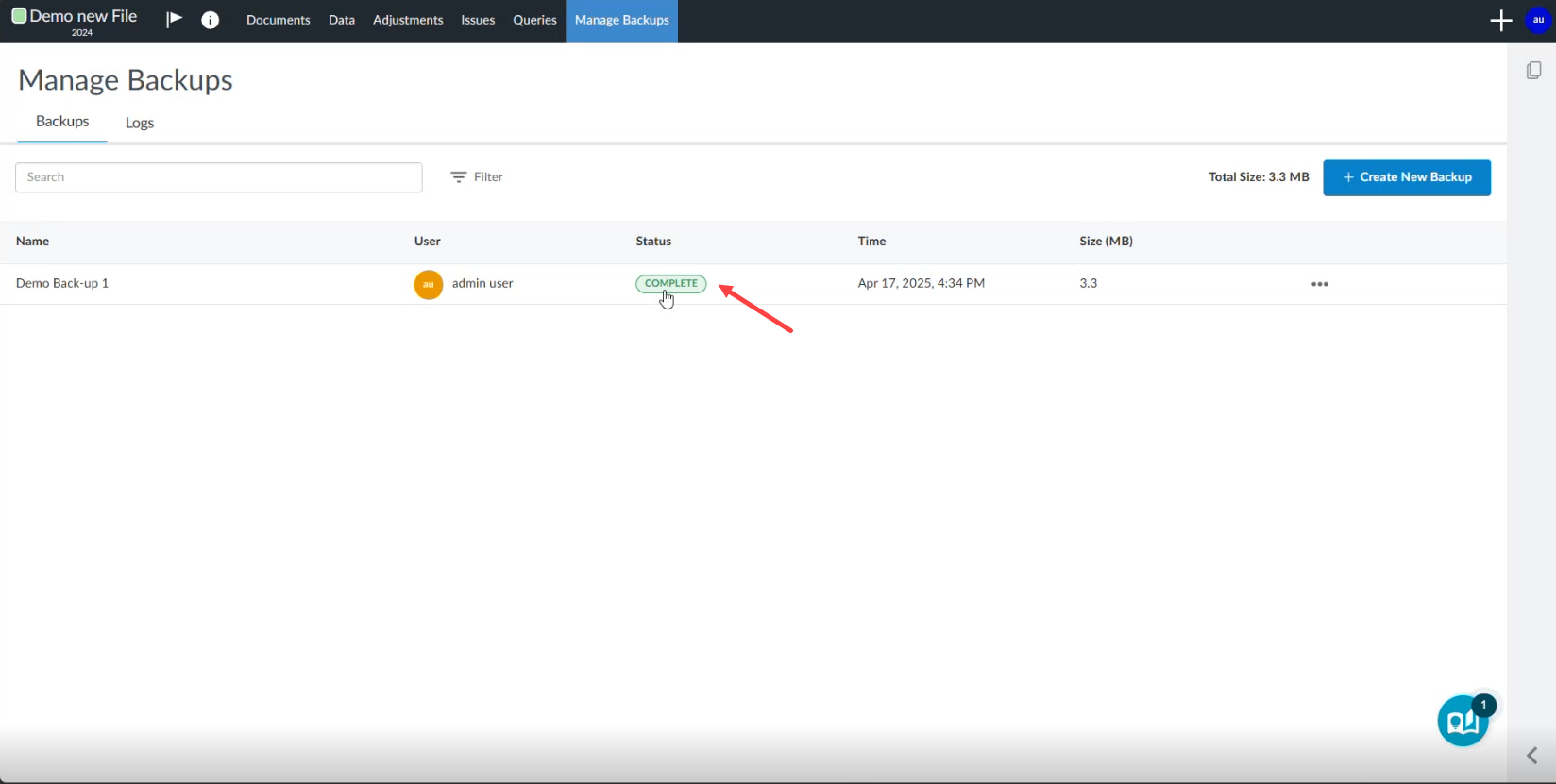 The user interface for the status of a backup within the Manage backups table.