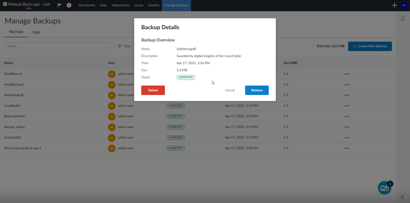 The user interface for the backup details dialog box.
