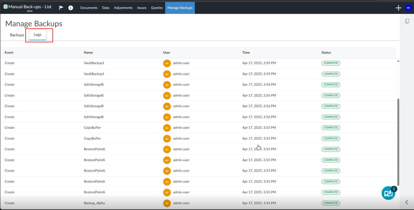 The user interface for the backup log history table.