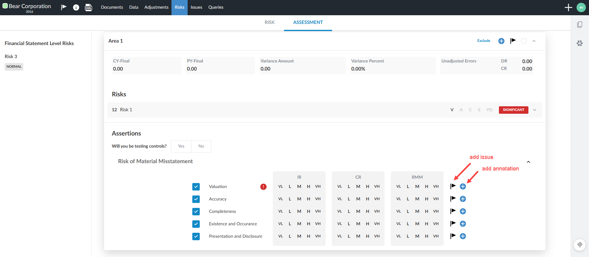 The user interface for adding issues or annotations to a risk assessment row
