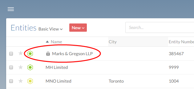 The lock icon beside this client entity's name indicates that access to this entity is limited.