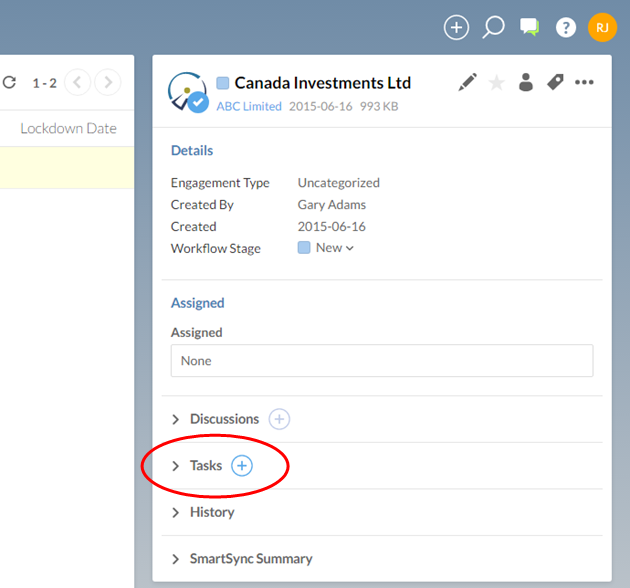 Select the add icon to create a task for this engagement.