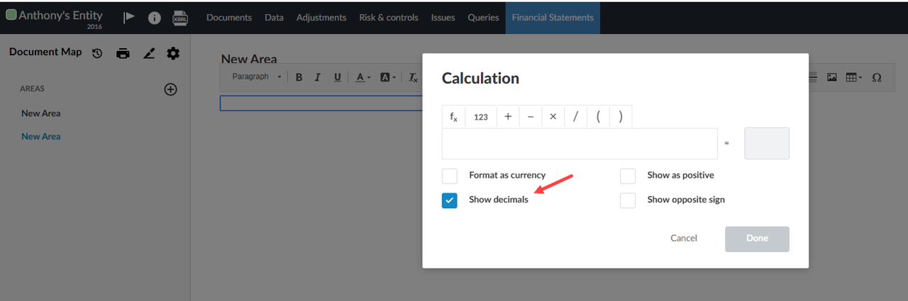 The Show decimals option in the custom calculation dialog box.