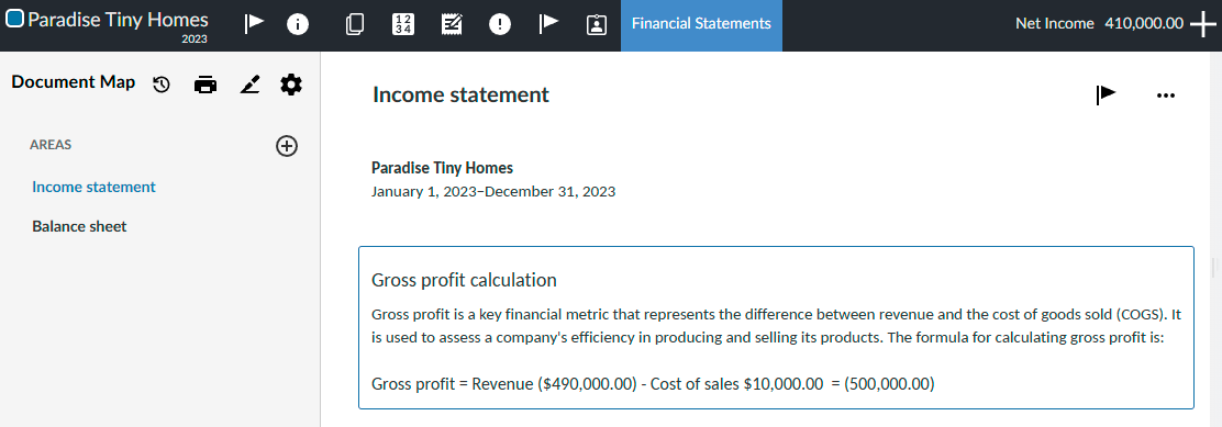Result of a custom calculation in a text section of a financial statement. 