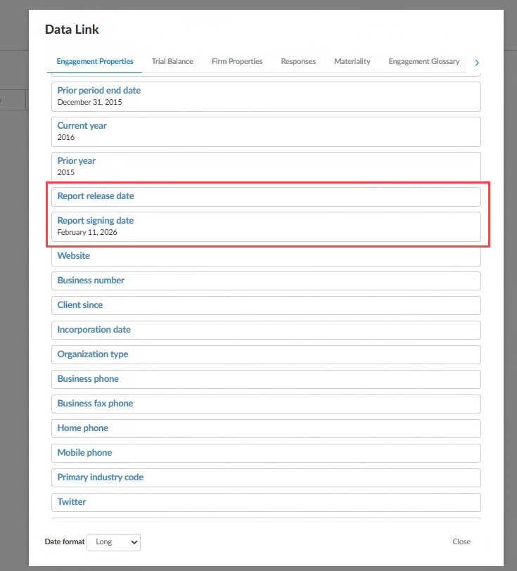 The user interface for linking report dates through data link.