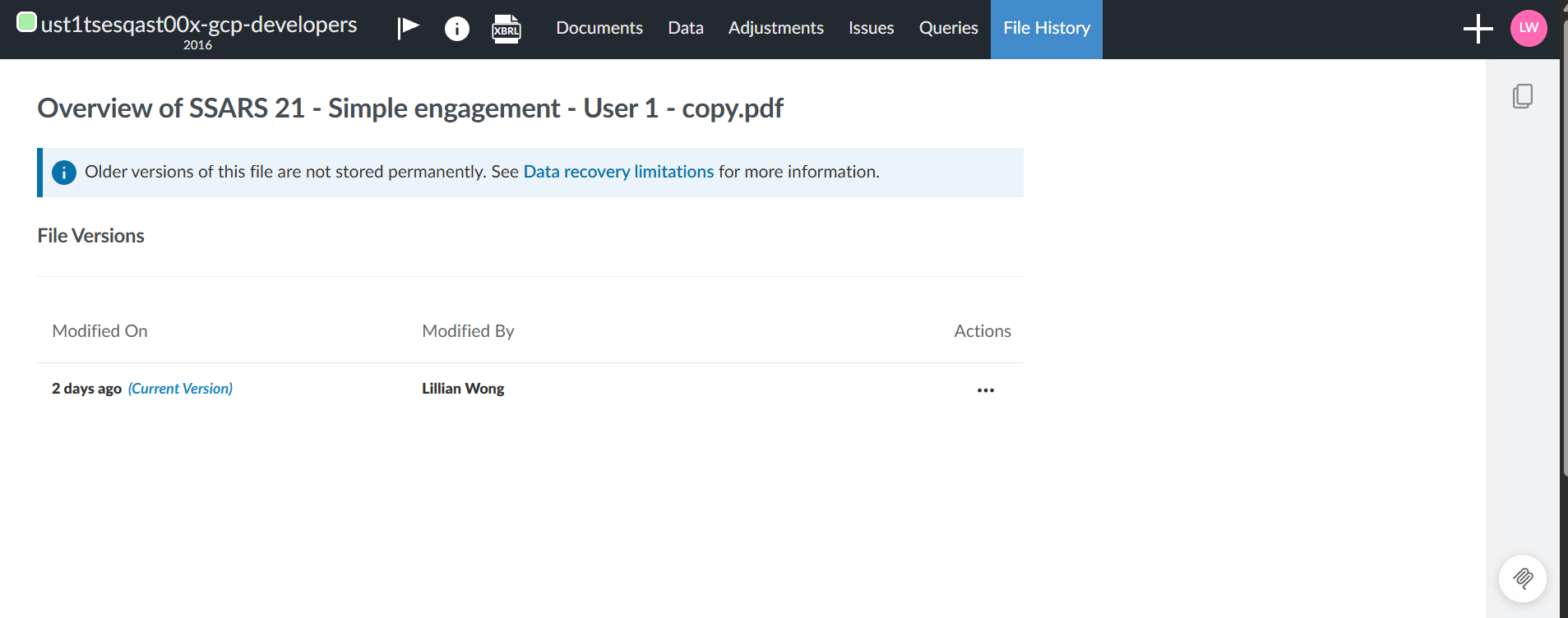 The user interface for viewing a file's history.