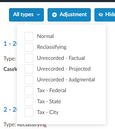 Filtering adjustments by type.