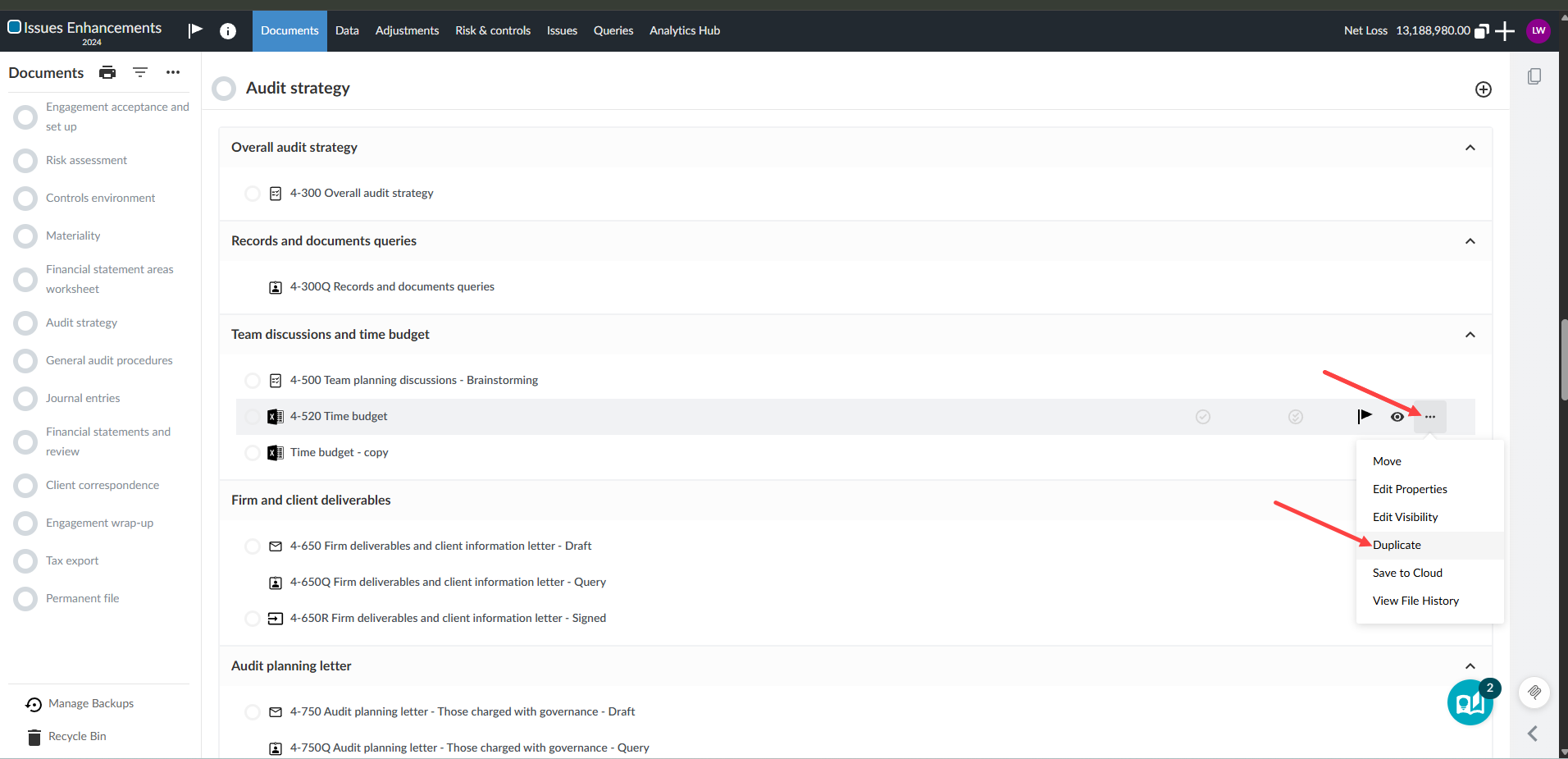 the user interface for selecting the More Actions icon to the right of a file in the Documents page, and where to select the Duplicate option.