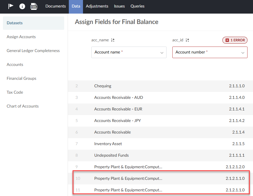 Duplicate account numbers trigger an error while importing a trial balance.