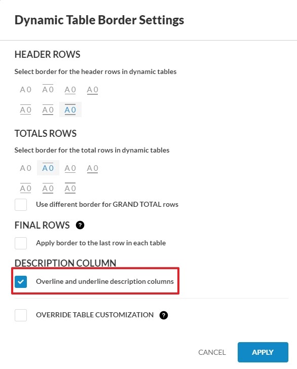 Dynamic Table Border Settings.