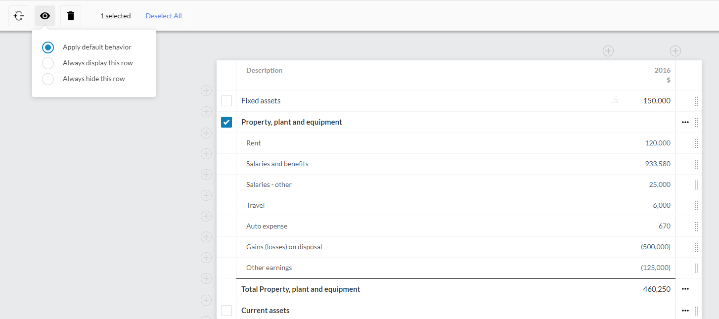 Choose a display option for the selected row.