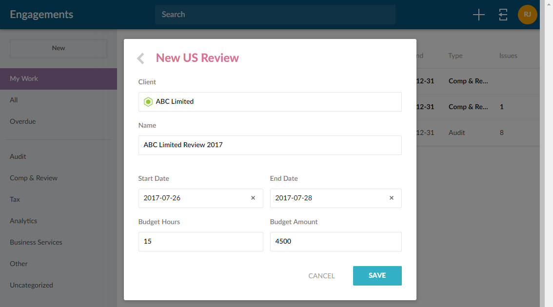 Entering information for a new Smart Engagement. 