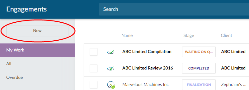 Select the New button to create a new engagement file. 