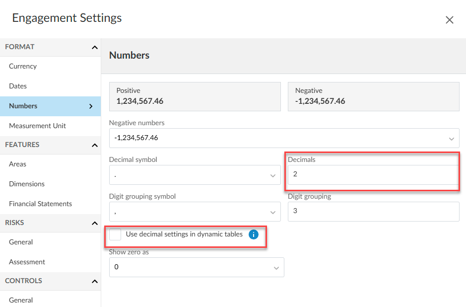 Reviewing the settings related to rounding on the Format | Numbers tab of Engagement Settings. 