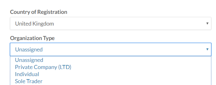 Organization Type drop-down menu