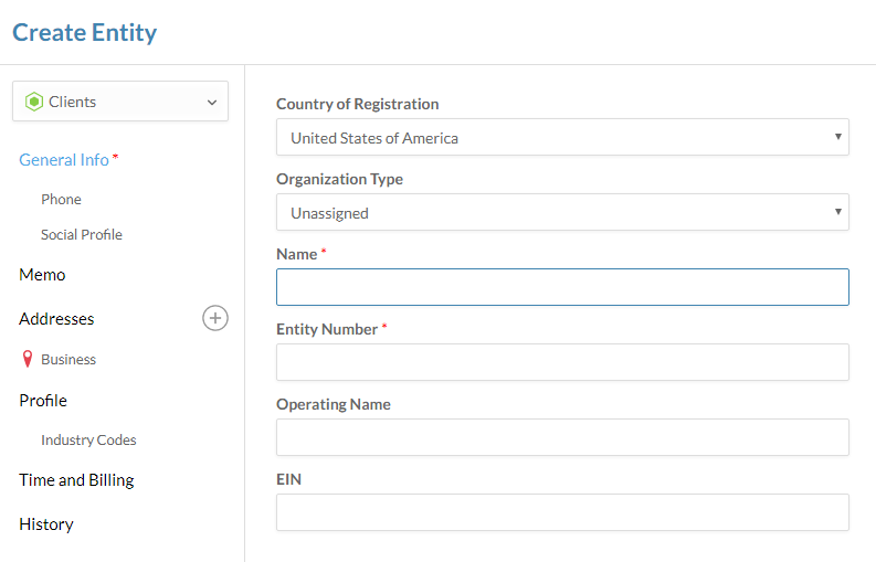 The Country of Residence field affects which options are available when you select an organization type.