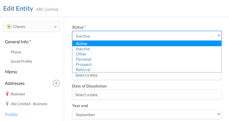 The Profile section of the Edit Entity dialog.