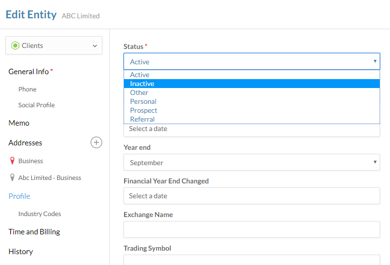 The Profile section of the Edit Entity dialog.