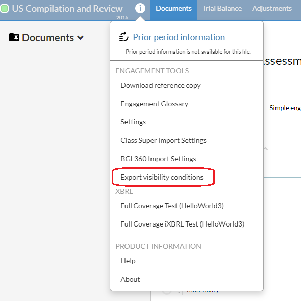 The engagement Information menu open with "Export visibility conditions" highlighted under Engagement Tools.