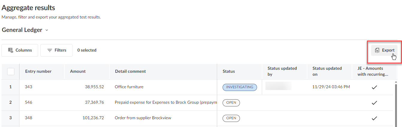 Exporting aggregate results from multiple analytic tests. 