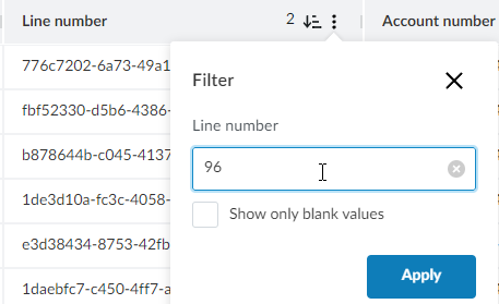 Filtering the Line number column.
