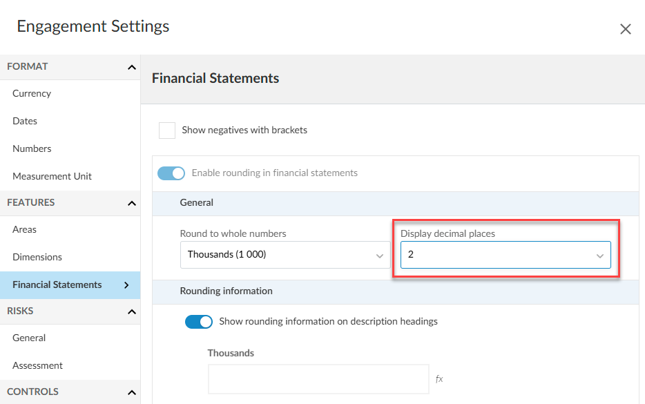 Coordinating rounding settings in the Financial Statements and Numbers on the Engagement Settings where the number of decimal places is set to 2, and rounding is to the nearest 1,000.