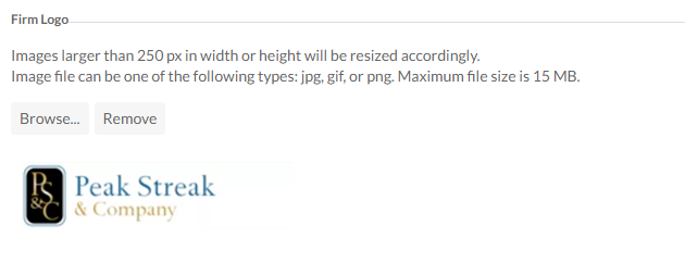After you upload a logo, a preview appears in the Profile section.
