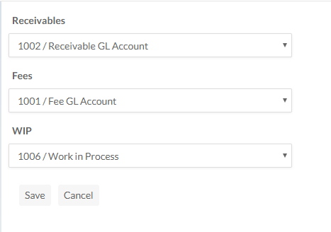 Designating specific accoutns as defaults for receivables, fees, and WIP type work entries