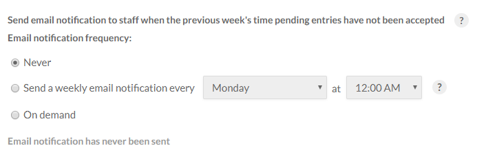 Email notification options set to "never".