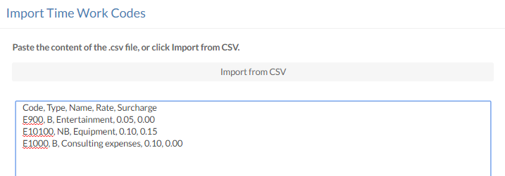 The Import Work Codes dialog.
