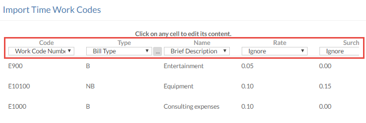 The column mapping section of the Import Work Codes dialog