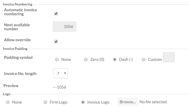 Settings for invoice defaults
