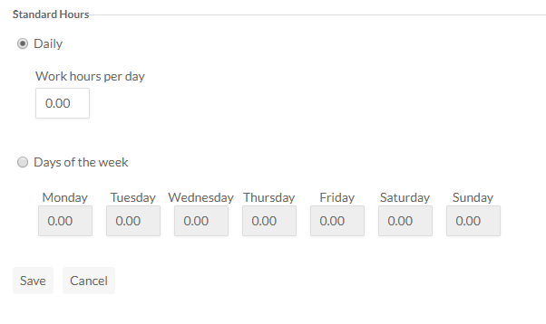 Options for settings the standard hours either daily or for certain days of the week.