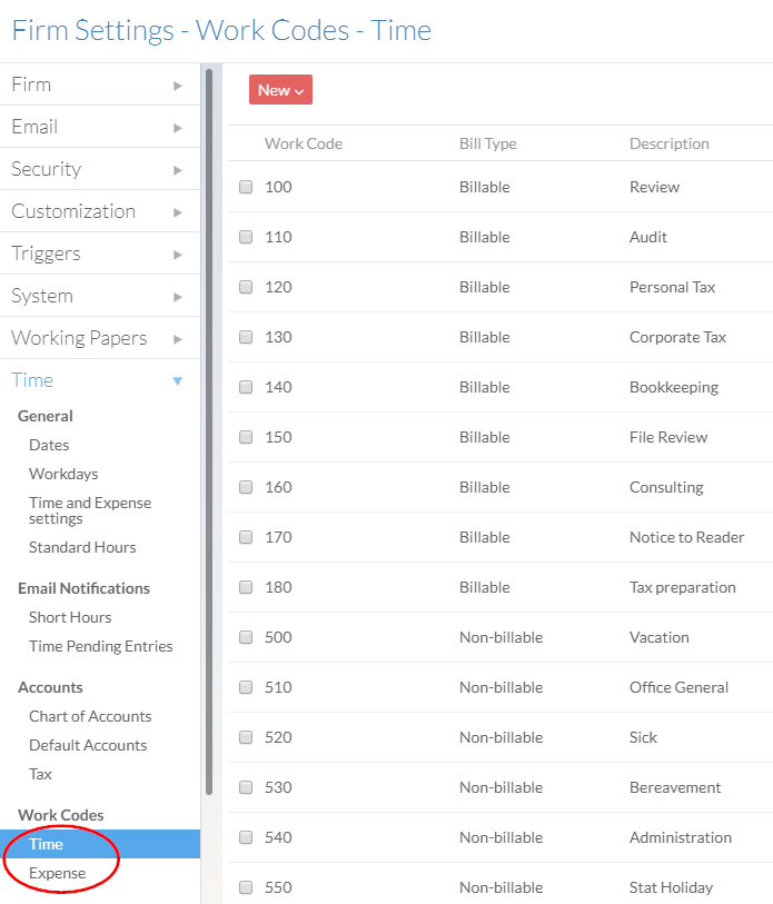Select Time or Expense to import a list of work codes.