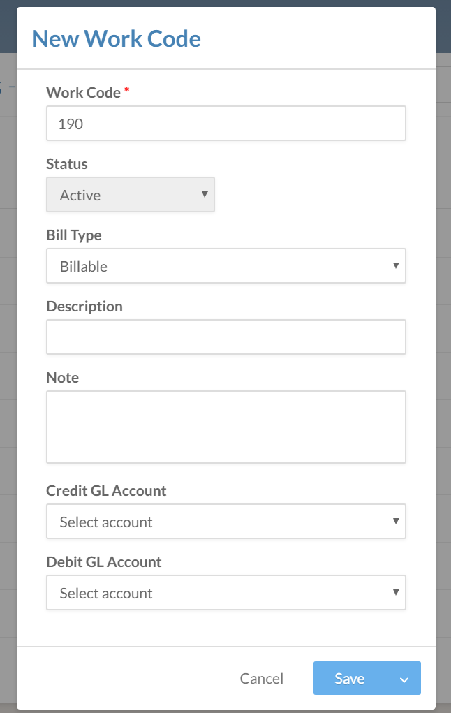 The New Work Code dialog