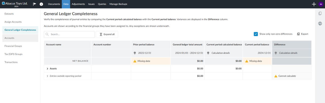 an error message when data is missing in the general ledger completedness feature