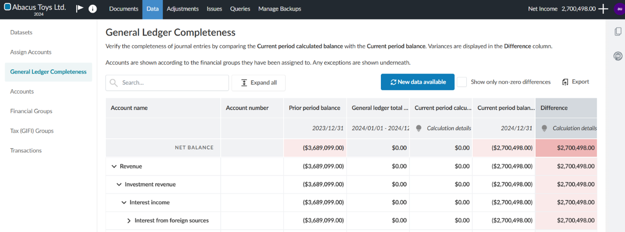 a blue message button on the General Ledger page denoting that new data is available for the analysis. 