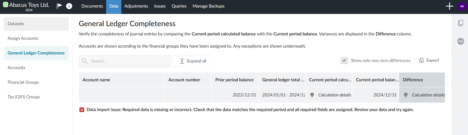 an error message on the user interface for General ledger completeness shown as an 'x' in a red box.