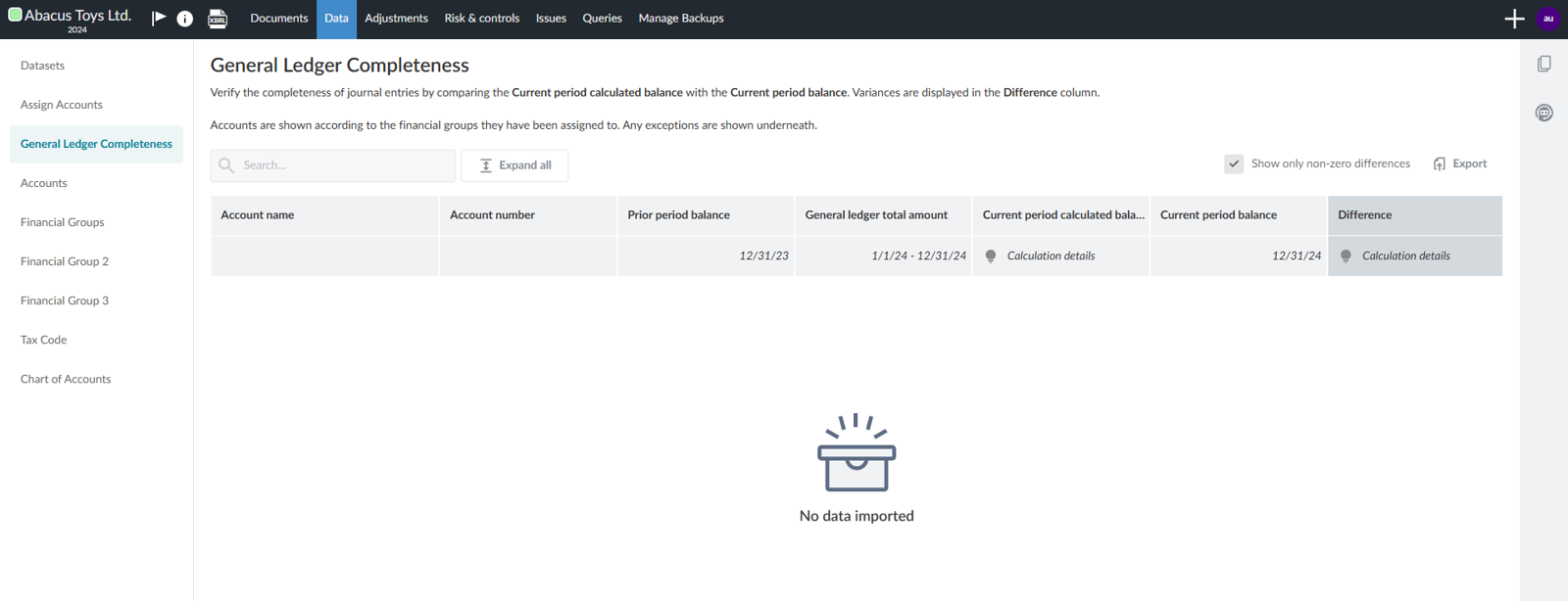The message display in the General Ledger Completeness page when no data is imported.