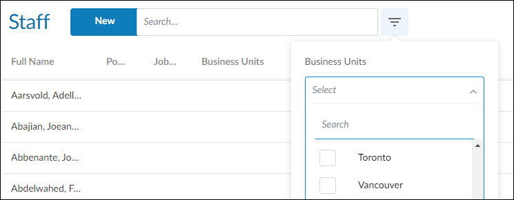 The Staff app with the filter expanded to show a list of business units.