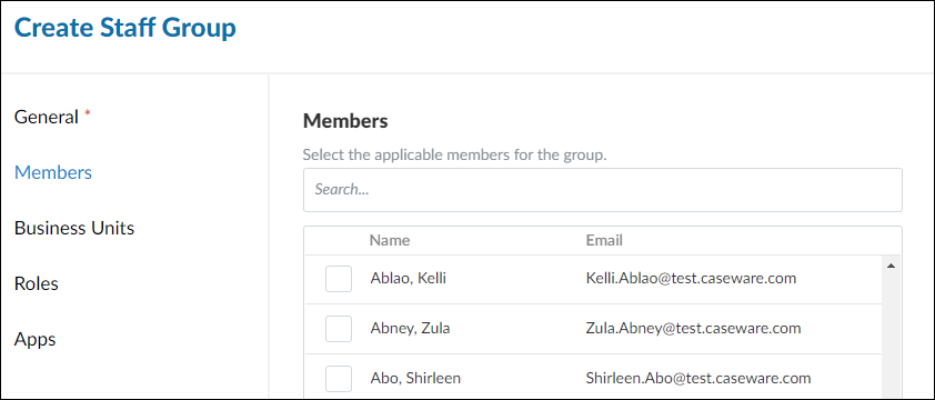 The Members tab of the Create Staff Group dialog.
