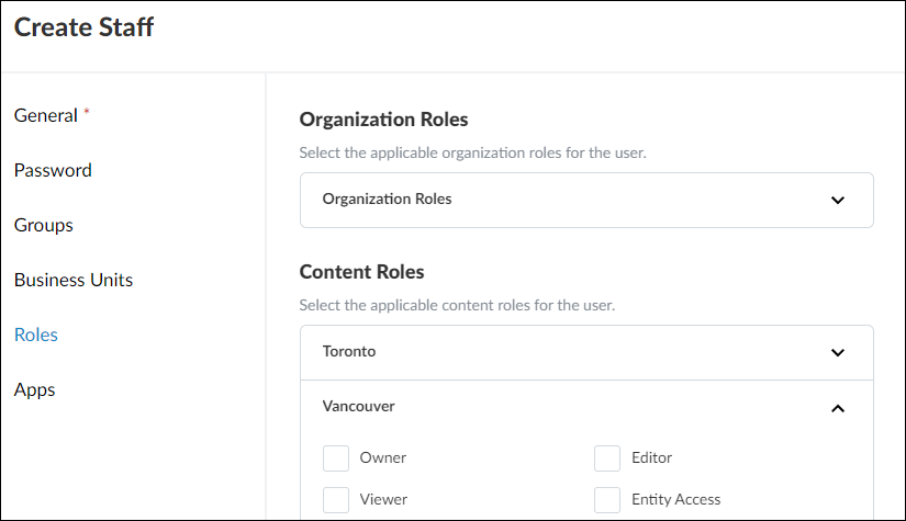 The Roles tab of the Create Staff dialog.