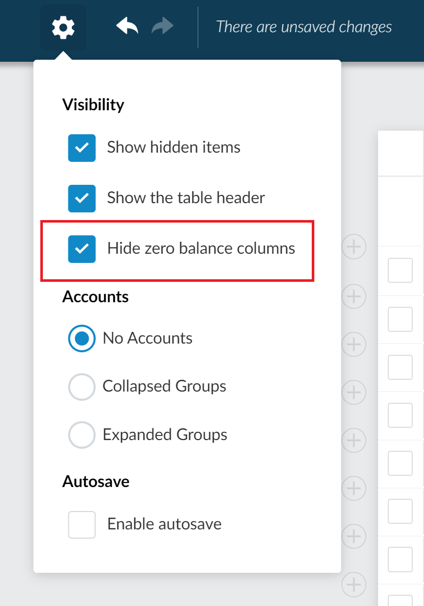 The Hide zero balance columns option selected in the Settings drop-down menu.