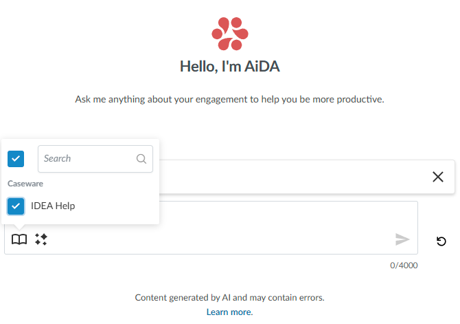 Selecting the IDEA Help knowledge base when using AiDA in Caseware IDEA.