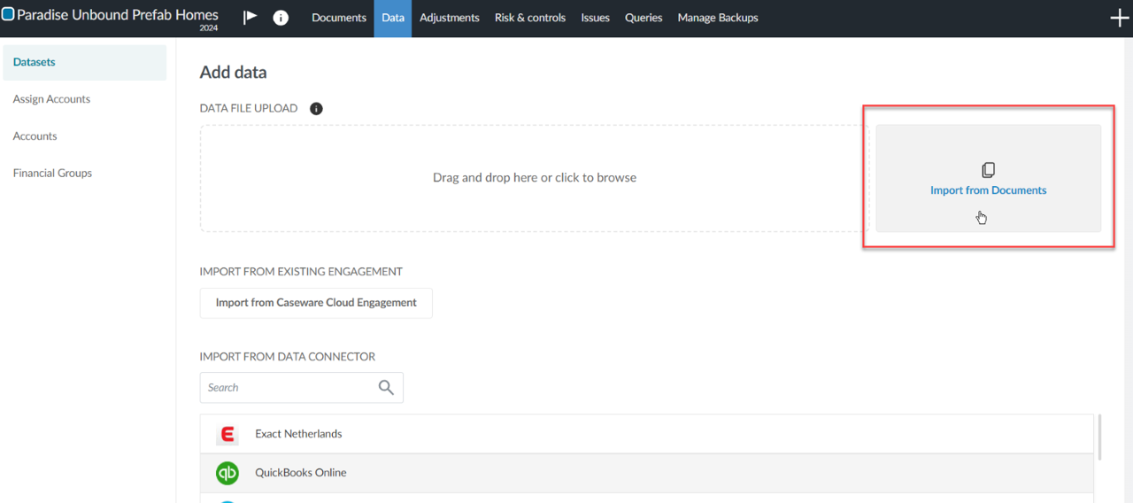 Displays the Import from Documents option in the Add data window