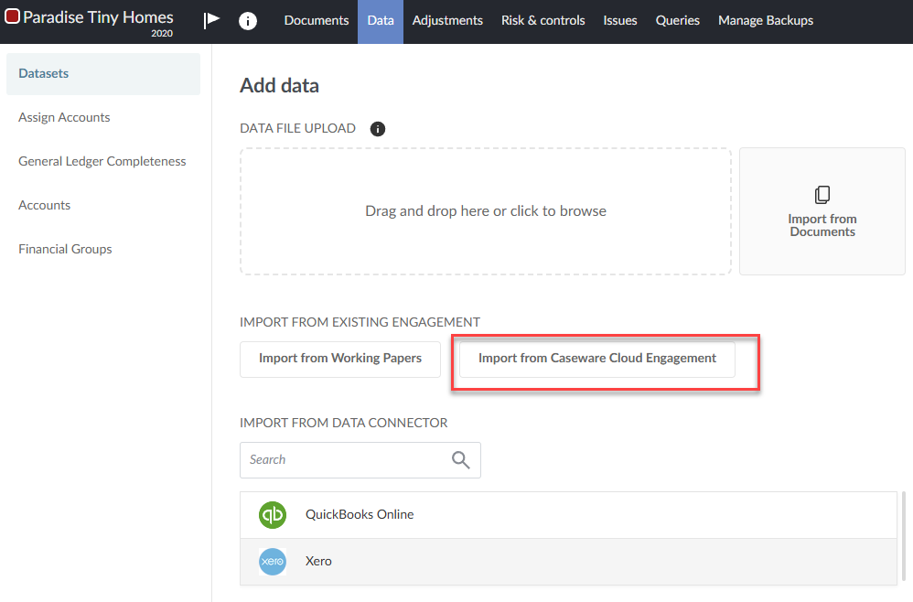 Selecting the Import from mCaseware Cloud Engagement option.