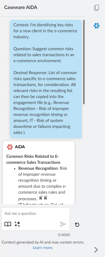 Chat window showing user-entered question and AiDA's response.
