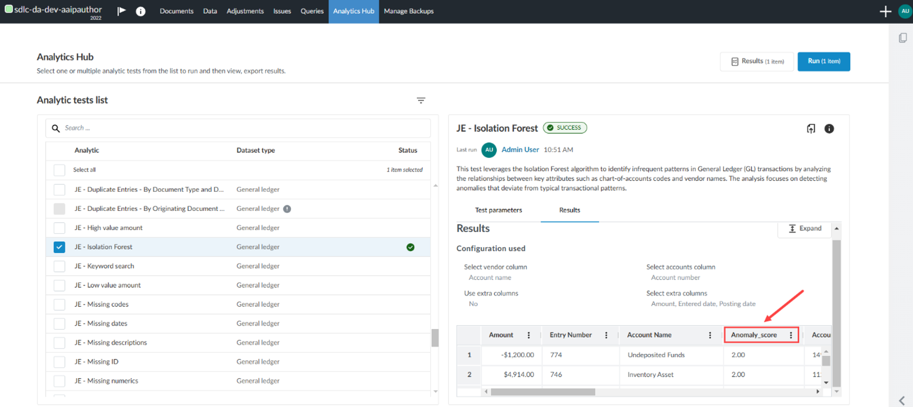 A screenshot of the user interface for the isolationf forest column for individual results